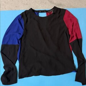 BCBGMaxAzria Black Colorblock Long-Sleeve Top with Blue and Burgundy Sleeves